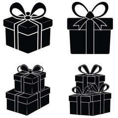 gift box icon set on a simple black silhouette color and white background, Set of Gift Boxes Silhouette, Birthday, Christmas, Anniversary