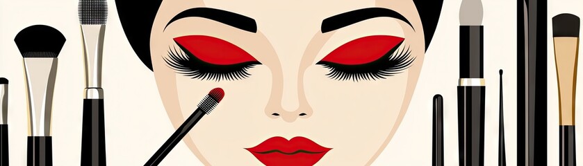 Obraz premium Red eye makeup tutorial. Face and brushes. Beauty