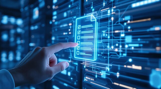 Hand interacting with digital checklist on screen