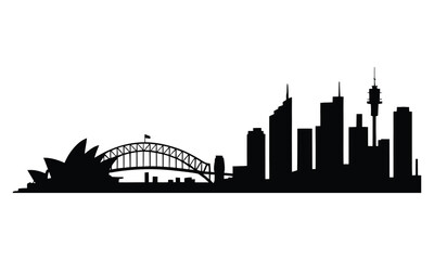 Naklejka premium Sydney City Skyline Silhouette, Vector, Icon, Logo, White Background.