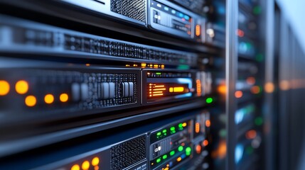 Fototapeta premium A 3Drendered scene of a server room with glowing indicators