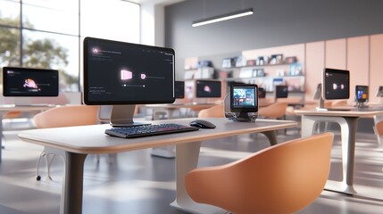 A classroom with augmented reality computers on each desk