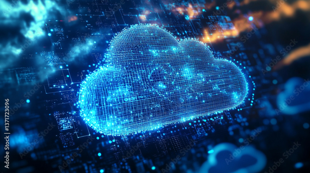 Poster a digital cloud constructed from blue lines and dots against a dark background with other clouds