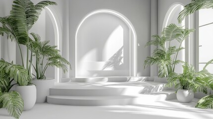 Minimalist white interior with arched windows and green plants