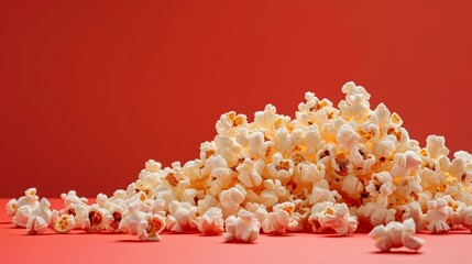 Closeup of some popcorn on a red background