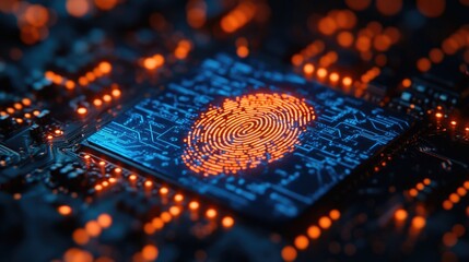 Futuristic fingerprint scanner on digital circuit board Digital identity privacy.