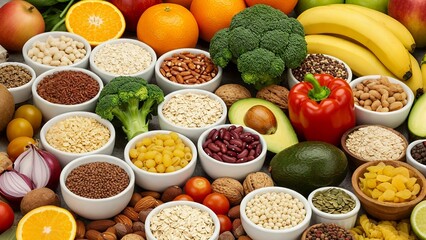 Abundance of healthy foods: fruits, vegetables, nuts, grains, and seeds in white bowls. Colorful and diverse ingredients for a balanced diet and wellness.