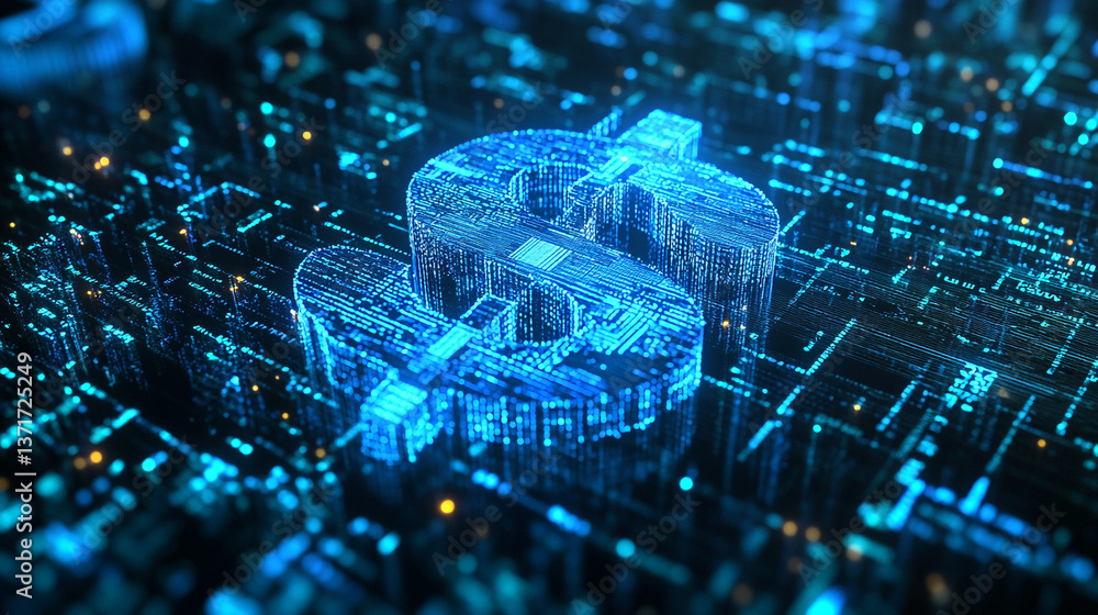 Aufkleber digital dollar sign illuminated with blue light on a complex circuit board background design
