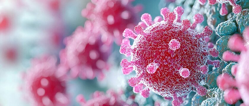 Abstract macro illustration of mumps virus with swollen gland representation.