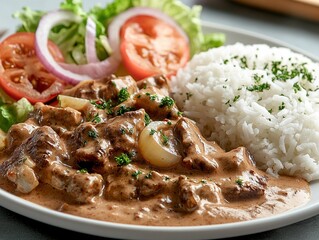 a plate of food featuring a creamy portion of Brazilian beef stroganoff, positioned slightly to the right, accompanied by fluffy white rice, a fresh salad of lettuce, onions, and tomatoes, with a thin