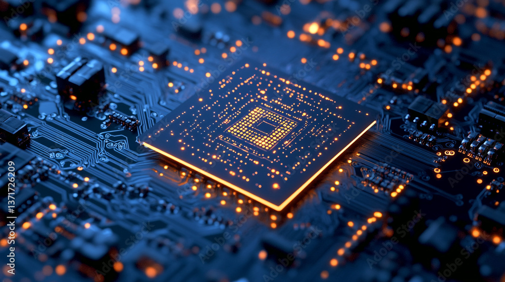 Aufkleber a close up of a blue and orange illuminated computer chip on a circuit board with glowing lights