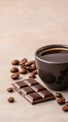 coffee cup and chocolate bar on table with coffee beans