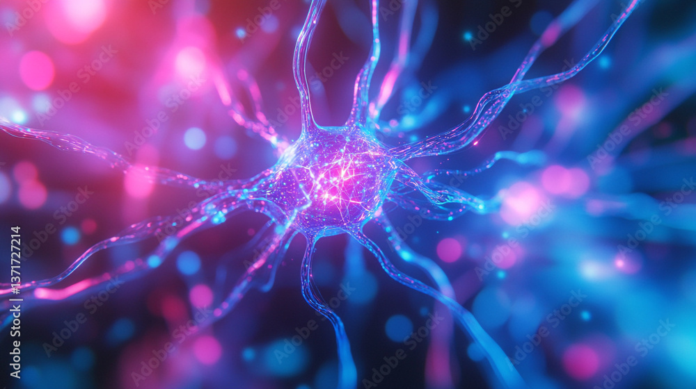 Poster abstract rendering of a neuron with glowing pink and blue lights in a dark background