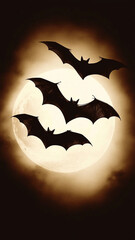 Fototapeta premium Three bats flying in front of the moon, sepia, gothic, vintage, scary atmosphere, mysterious, dark fantasy, Halloween, spooky mood, night sky, shadows and light, moonlight, realistic photography