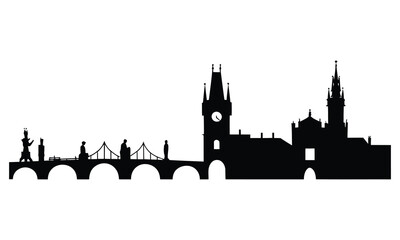 Fototapeta premium Prague City Skyline Silhouette, Vector, Icon, Logo, White Background.