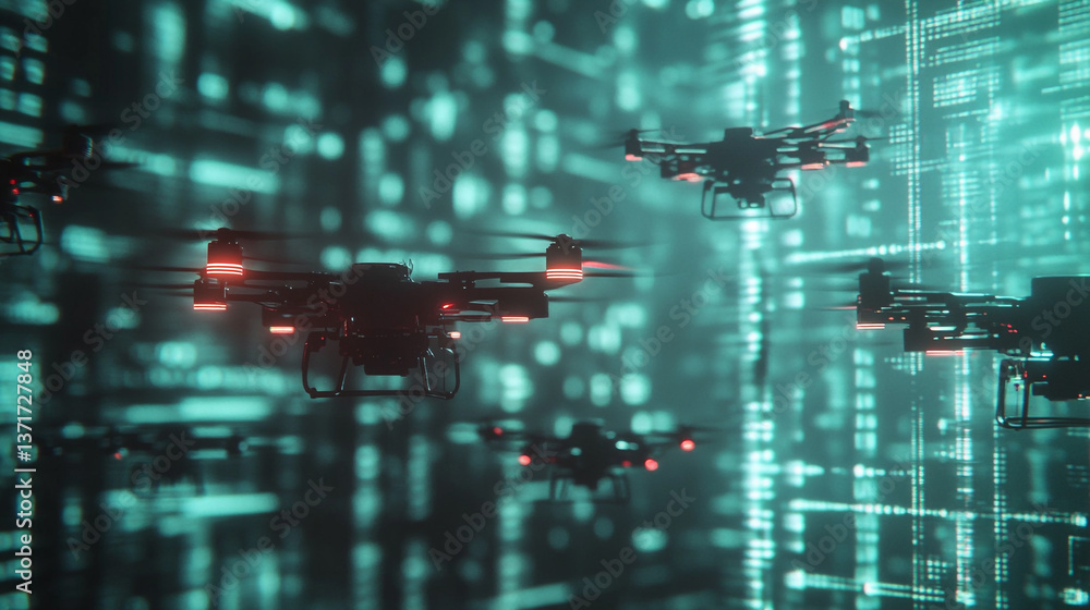 Poster aerial drones flying in formation against a backdrop of abstract digital light patterns