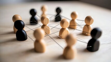 Obraz premium Global Network Interconnected Wooden Figures Teamwork Collaboration Connection