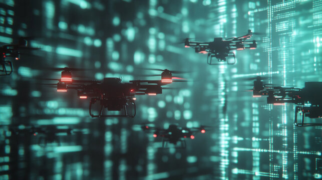 Aerial drones flying in formation against a backdrop of abstract digital light patterns