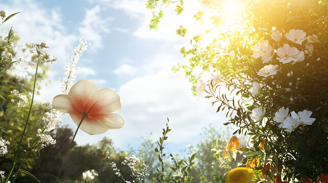 Delicate flower bathed in sunlight making a stunning display of natural beauty and dramatic contrast in a sunny landscape.