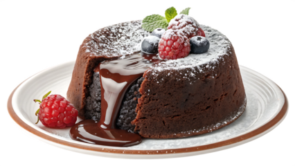 Chocolate Lava Cake with Melted Center and Fresh Berries – Isolated on White Background