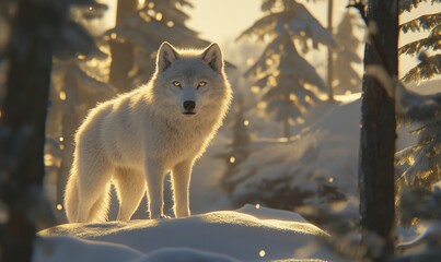 Naklejka premium White wolf standing in snowy forest at sunrise