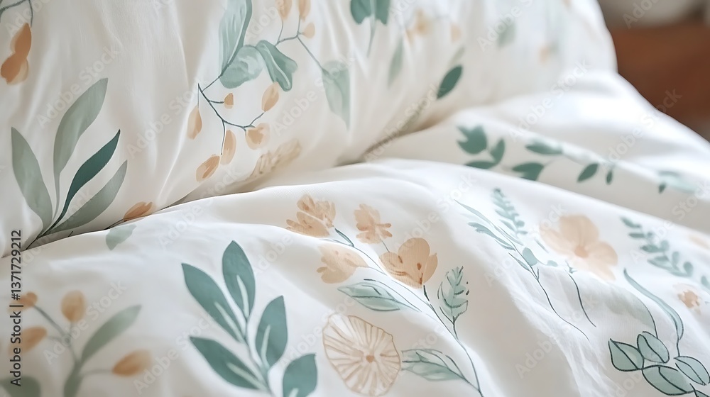 Poster cozy bedding with beautiful floral patterns creating a serene and inviting atmosphere