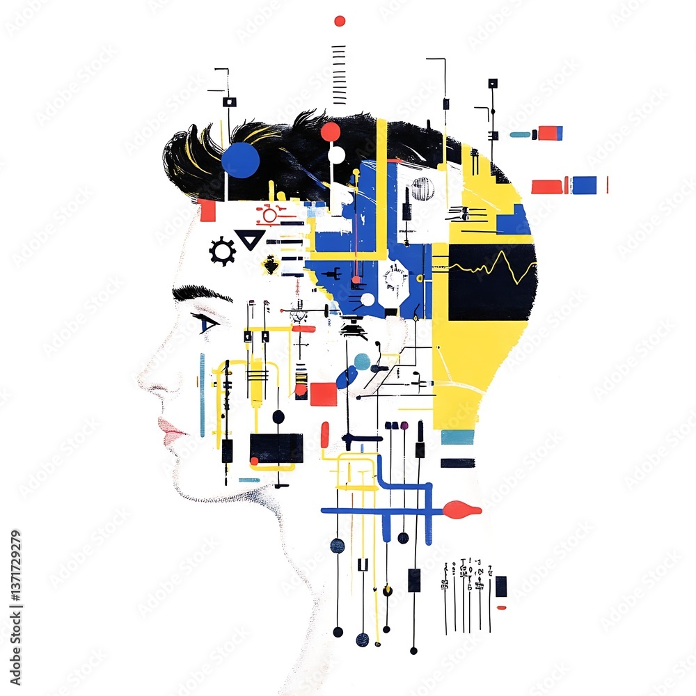 Poster creative illustration of a human head filled with circuit patterns and technology concepts