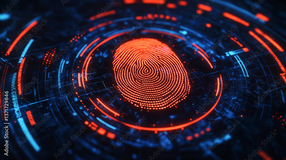 Poster a glowing fingerprint surrounded by digital circles and patterns in red and blue hues on a dark back