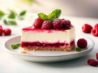 Raspberry Cheesecake Delight: A delectable slice of raspberry cheesecake, adorned with fresh raspberries and mint leaves, presented on a clean white plate, a culinary masterpiece