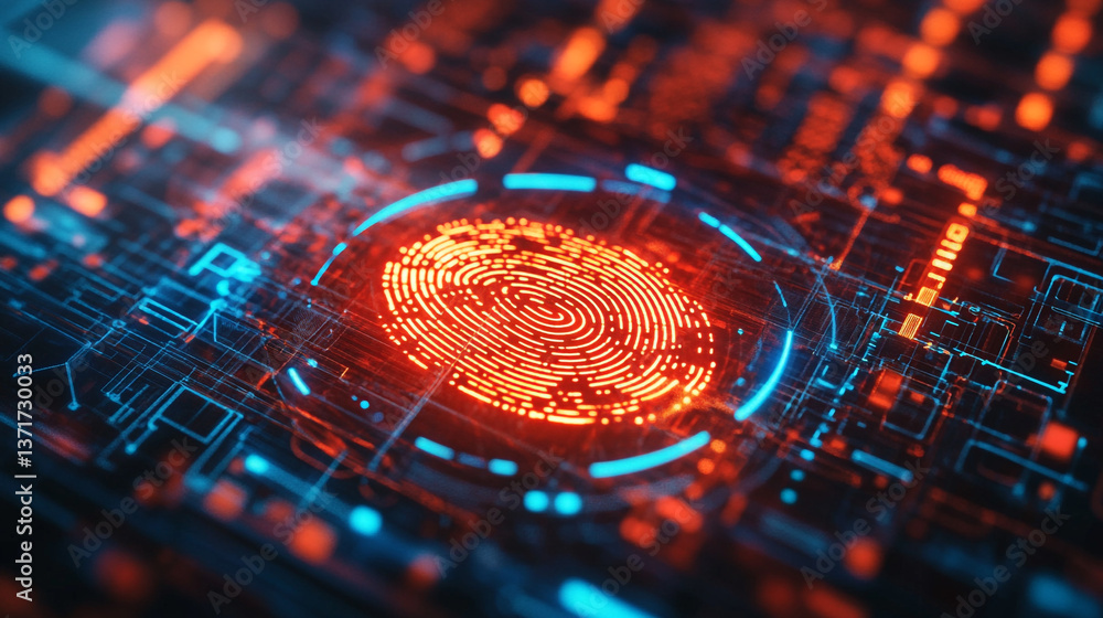 Poster a glowing fingerprint over a circuit board with red and blue lights in a dark background