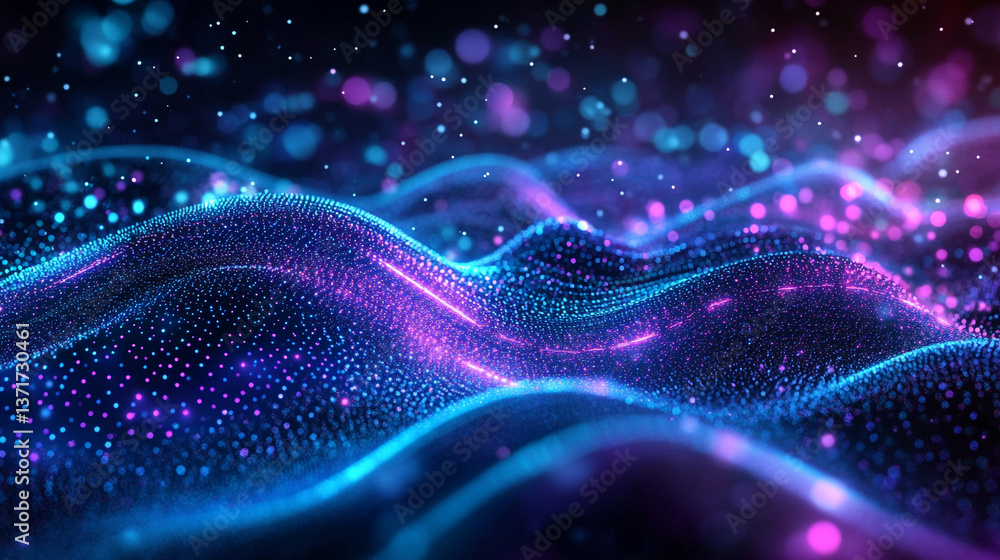 Poster abstract glowing particle wave landscape with blue and purple hues and bokeh effect in the backgroun