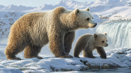 Obraz premium Mother grizzly bear and cub playing in snowy landscape near waterfall nature photography winter environment