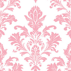 Pink Damask Pattern with Elegant Floral Ornaments on White Background