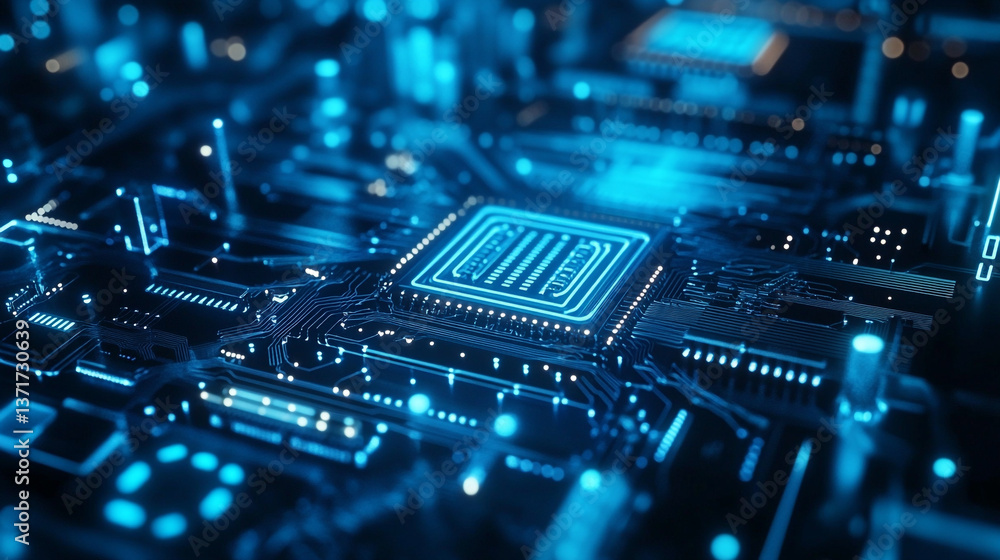 Aufkleber close up shot of a glowing blue computer chip and circuit board with abstract technology design