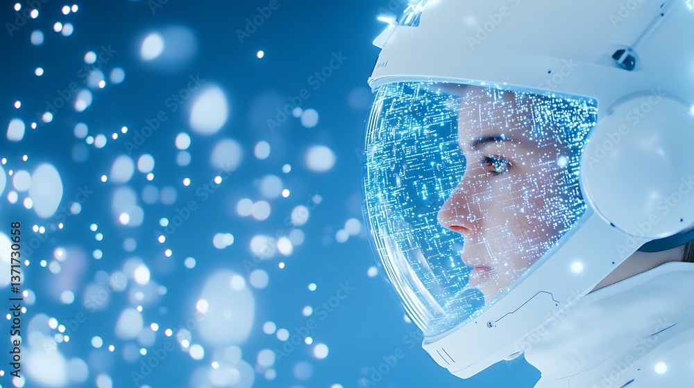 Poster futuristic astronaut exploring the vastness of space with advanced technology