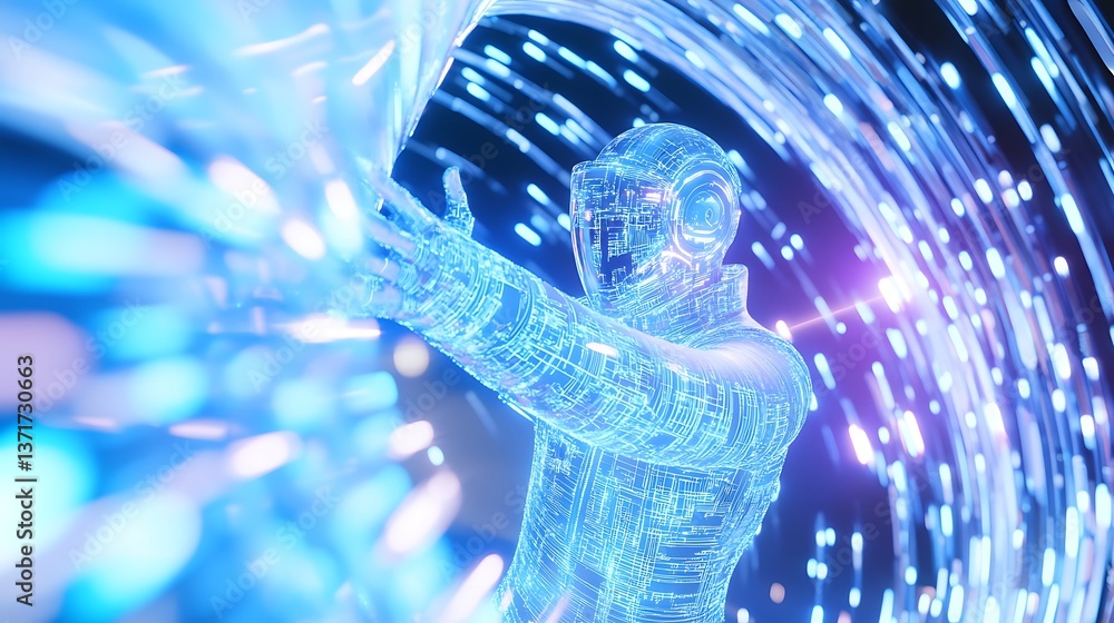 Poster futuristic astronaut exploring the vastness of space with advanced technology