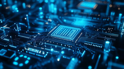 Close up shot of a glowing blue computer chip and circuit board with abstract technology design
