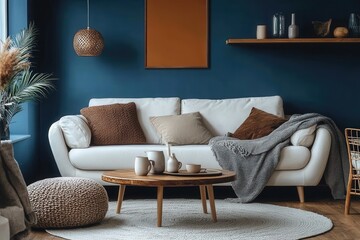 Cozy living room interior design with a white sofa, wooden coffee table, and neutral-toned decor. Perfect for home decor blogs and magazines.