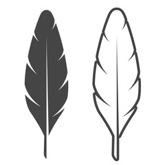 Two straight feathers, silhouette and outline. Bird feather simple silhouette. Flat vector illustration isolated on white background. © Ivan Burchak