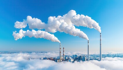 Industrial smokestacks emitting thick clouds of smoke above a city skyline, illustrating pollution and environmental impact, with a clear blue sky in the background.