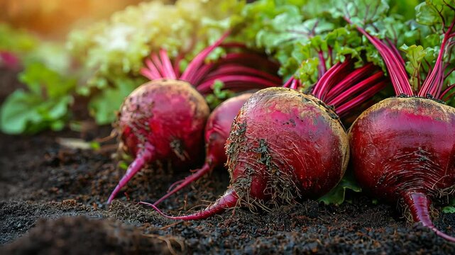 Freshly harvested beets resting in rich soil with vibrant greens in a sunny farm setting