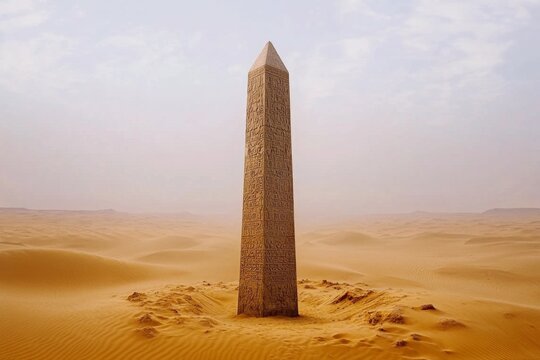 A desert sandstorm partially revealing the top of an ancient obelisk lost to time