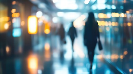 Blurred silhouettes of people walking in modern, bright, and spacious building interior, creating sense of motion and activity. glass walls and reflections add to contemporary atmosphere