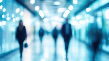 Blurred silhouettes of people walking in modern, bright, and spacious building interior, creating sense of motion and activity. glass walls and reflections add to contemporary atmosphere