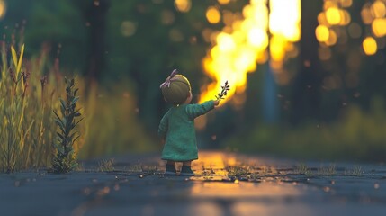 Fototapeta premium Cute Cartoon Girl at Sunset Holding Flowers 3D Render