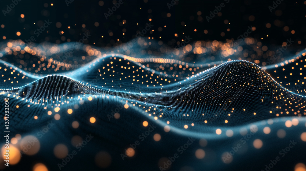 Poster abstract digital landscape with glowing particles and undulating surface design element