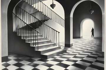 Black And White Interior Of A Building With A Staircase And Checkerboard Floor