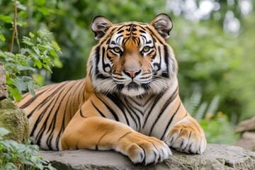 Obraz premium Majestic Sumatran tiger lying on a rock