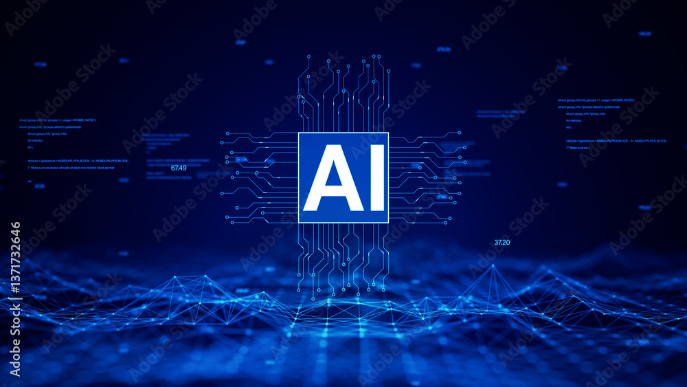 Poster ai and big data concept. connecting network abstract blue futuristic background. 3d rendering.