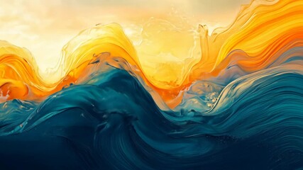 Waves rise and fall under a golden sky, a beautiful abstract art painting depicting ocean waves at sunset or sunrise